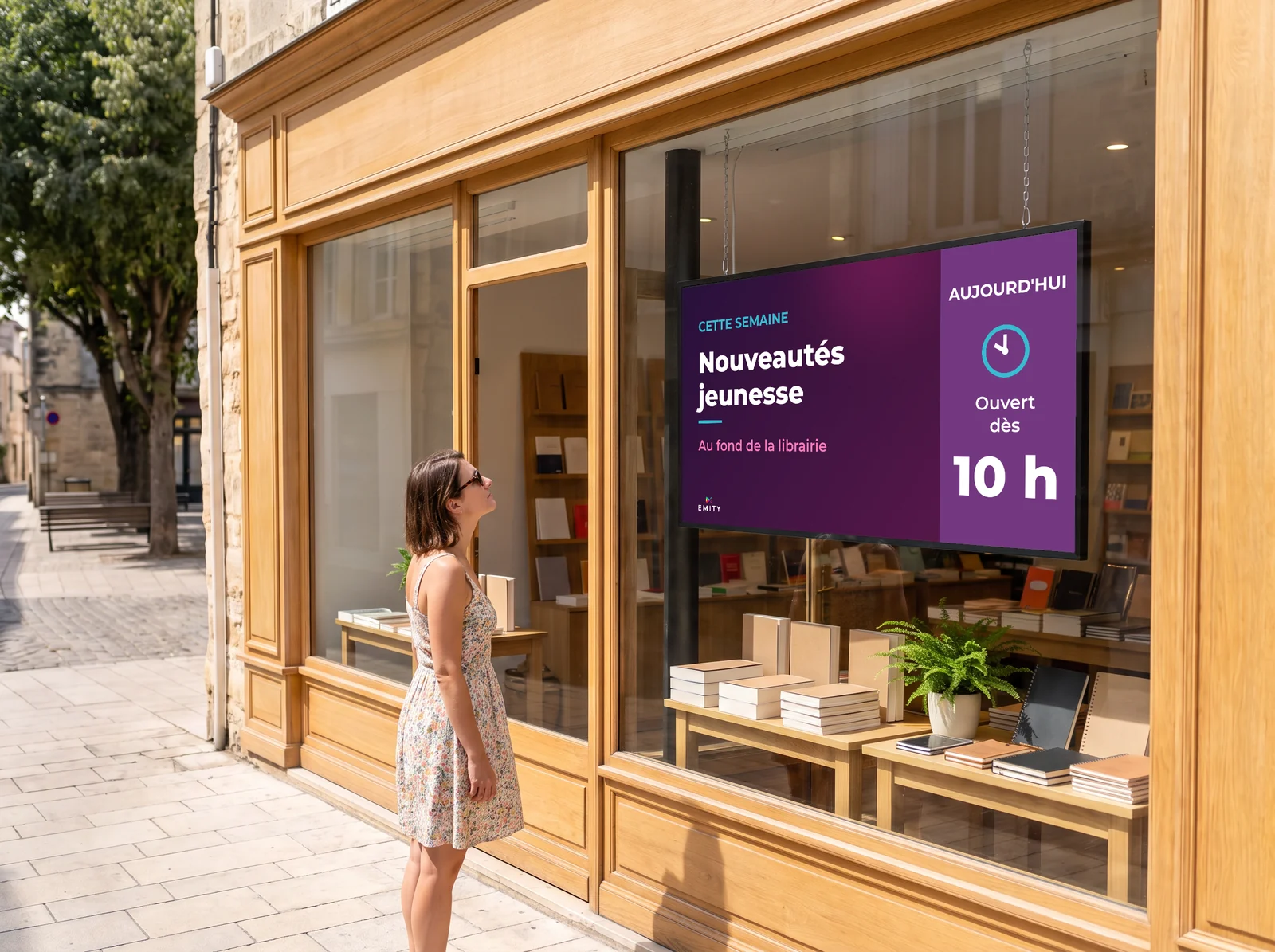 Passante en plein soleil devant la vitrine de la librairie : l'écran haute luminosité reste lisible, nouveautés jeunesse de la semaine et ouverture dès 10 h