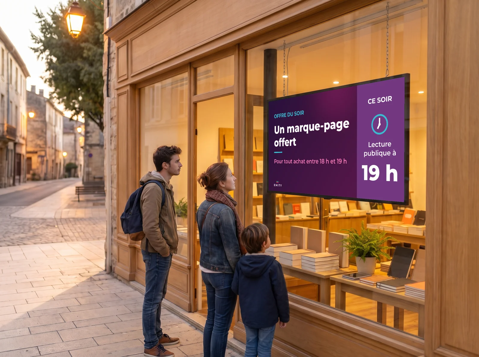 En fin de journée, une mère, son enfant et un passant s'arrêtent devant l'écran de la librairie : offre du soir et lecture publique à 19 h