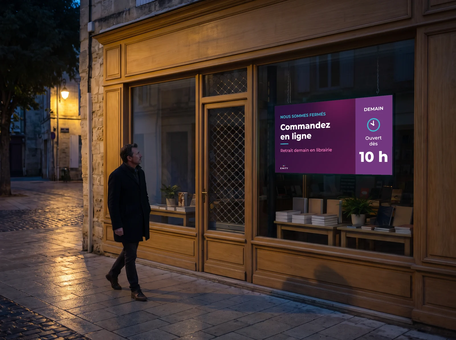 Librairie fermée, la nuit : l'écran de la vitrine invite à commander en ligne et annonce l'ouverture du lendemain à 10 h
