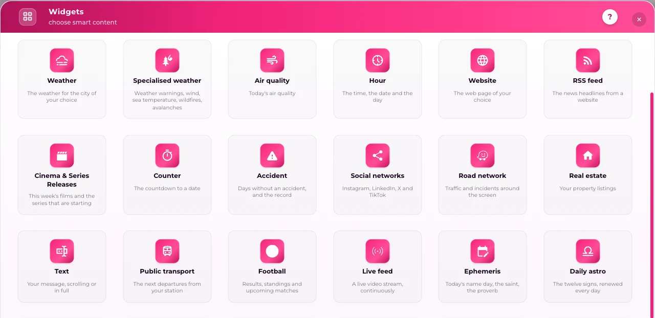 Widget catalogue in E-MANAGER, where the E-IMMO widget is switched on