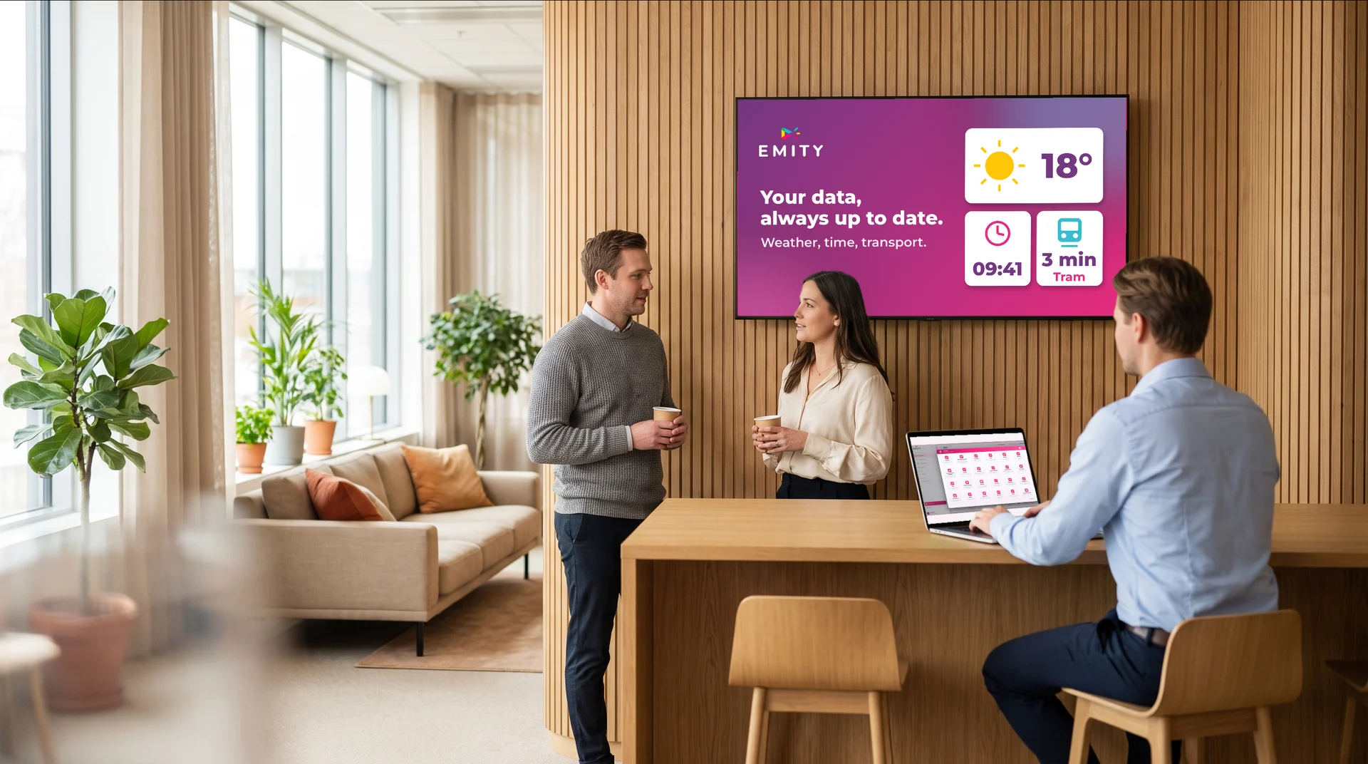 Reception screen showing automatic content kept up to date by EMITY widgets